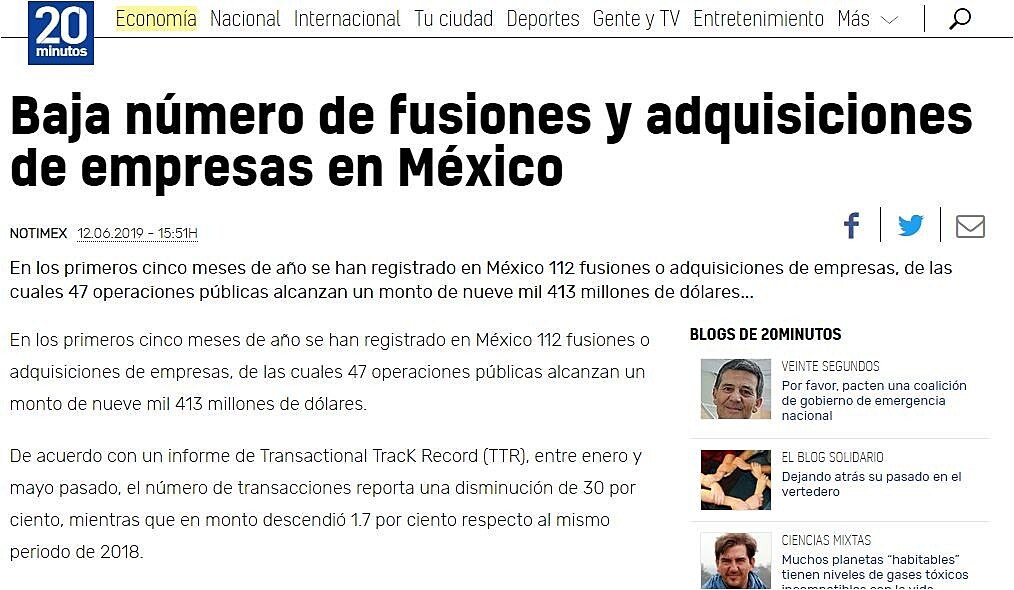 Baja nmero de fusiones y adquisiciones de empresas en Mxico